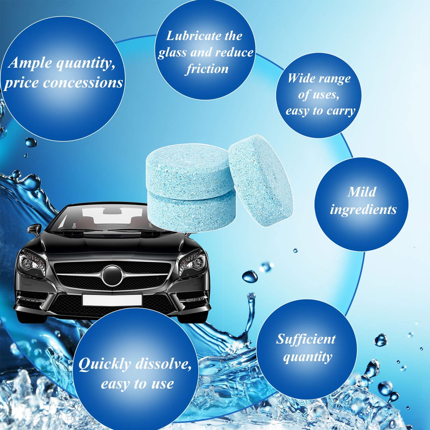 Boao 100-Pack Windshield Washer Tablets - Concentrated Car Glass Cleaner Effervescent Tablets for Auto Windshield Wiper Fluid, Removes Stains & Improves Visibility - Perfect for Road Trips, Winter Driving & Daily Car Maintenance