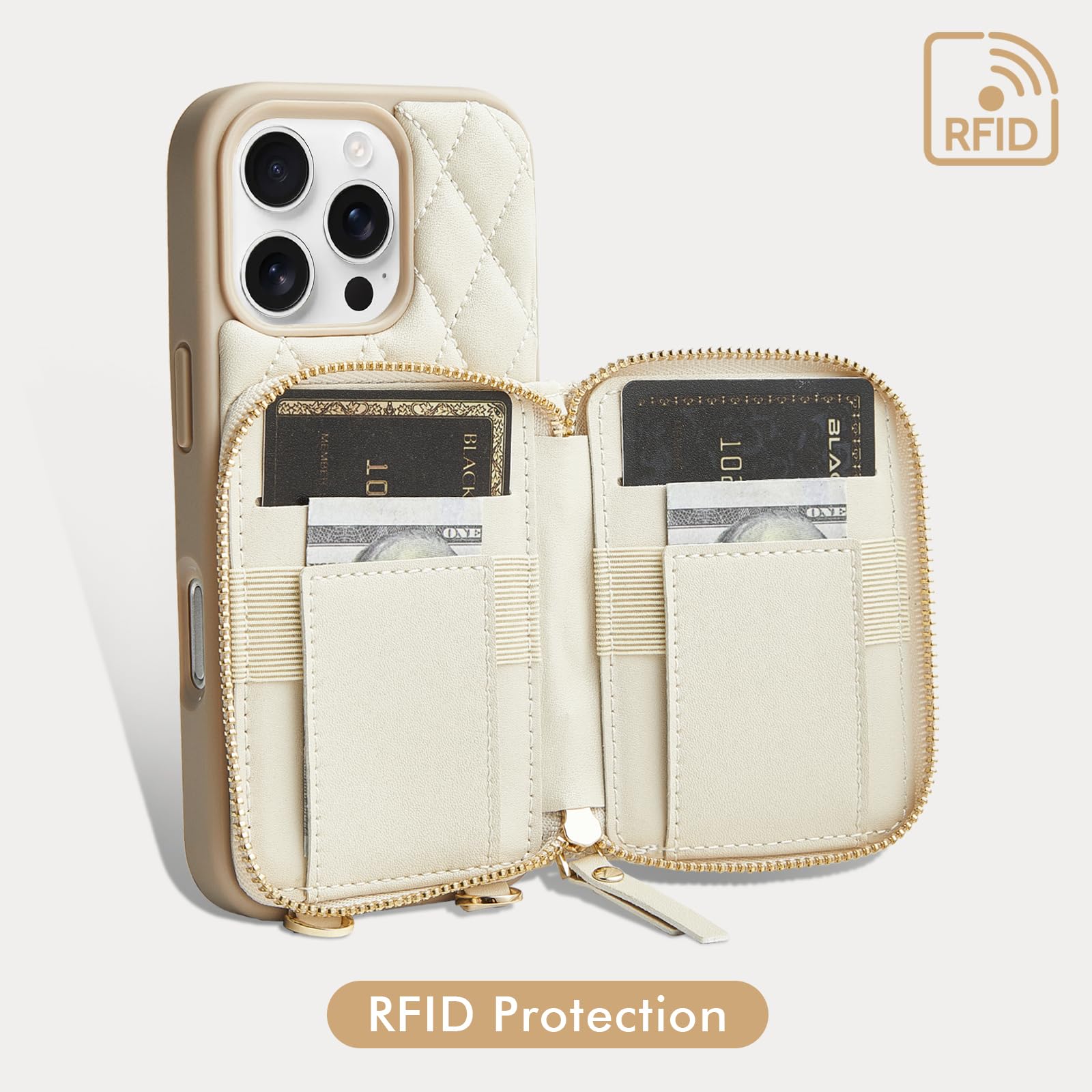 LAMEEKU iPhone 16 Pro Wallet Case with Card Holder - Quilted Leather Zipper Crossbody Phone Purse for Women (6.3 inch, Beige) | Perfect for Shopping, Travel & Everyday Use