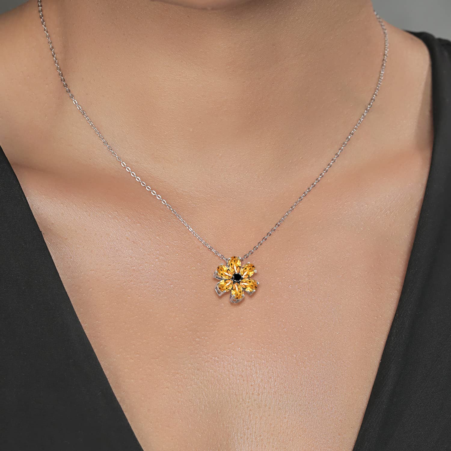 2.05 Ct Natural Yellow Citrine & Black Diamond Pear-Shaped Flower Pendant in 925 Sterling Silver & 10K Yellow Gold with Chain | Elegant Jewelry Gift for Women, Perfect for Weddings, Anniversaries & Special Occasions