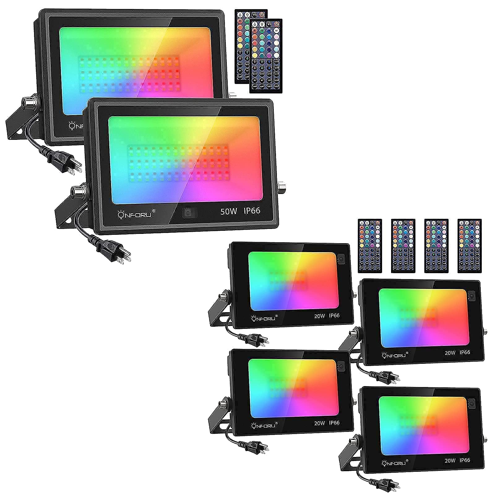 Onforu 2 Pack 50W LED RGB Flood Lights & 4 Pack RGB LED Color Changing Stage Lights with Remote Control - IP66 Waterproof Outdoor Uplights for Events, Parties, Landscape Wall Washing - Dimmable Strobe Lighting for Backyard, Wedding, DJ Shows