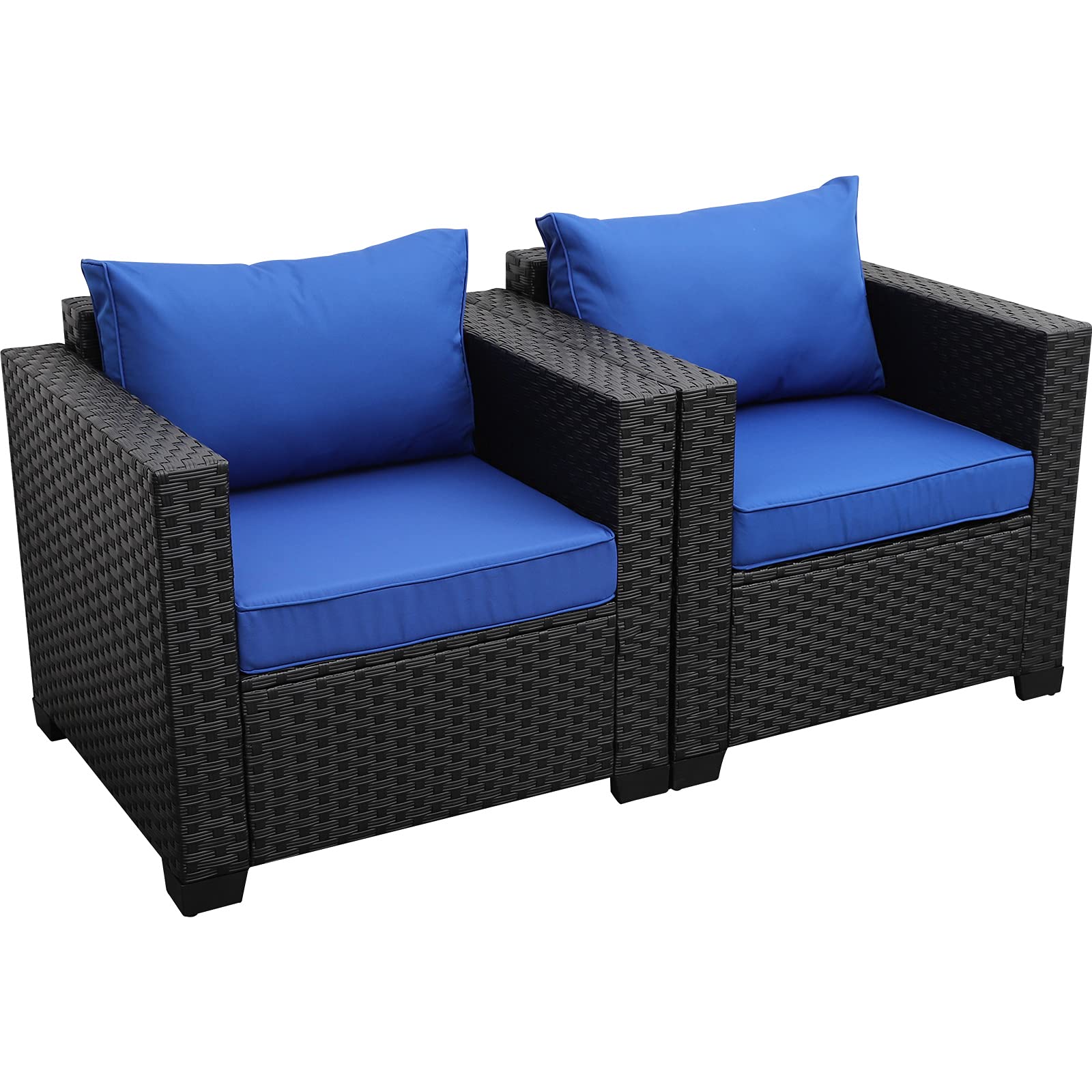 Rattan Patio Single Sofa Chairs Set of 2 - Outdoor Wicker Accent Club Chairs with Anti-Slip Cushions & Waterproof Cover, Royal Blue - Perfect for Garden, Poolside, Deck, and Backyard Relaxation