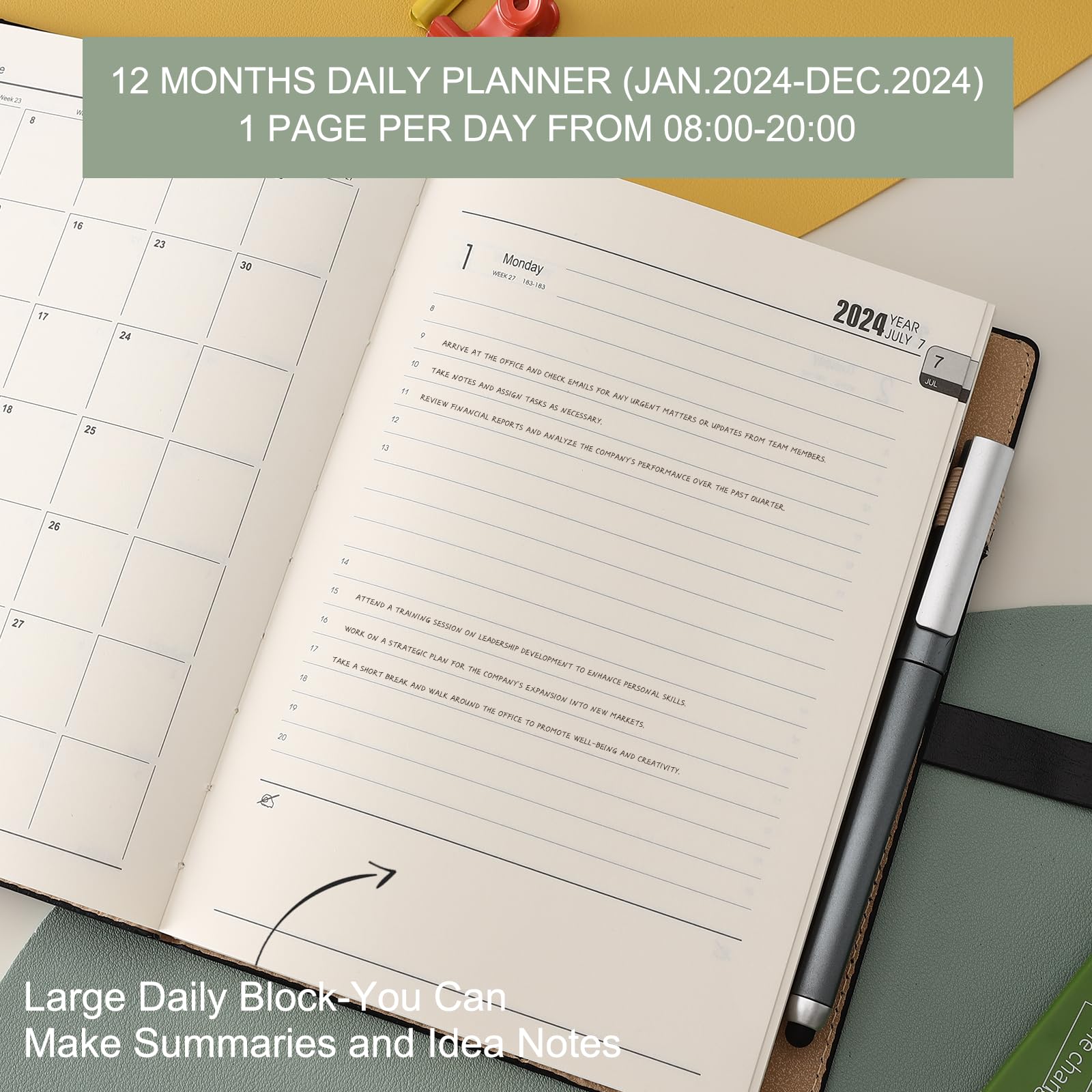 2024-2025 Academic Diary Planner - July 2024 to June 2025 A5 Day-to-Page Organizer with Calendar Stickers, Pen Holder & Premium Thick Paper (14x21.5cm, Green) - Perfect for Students, Teachers & Office Professionals