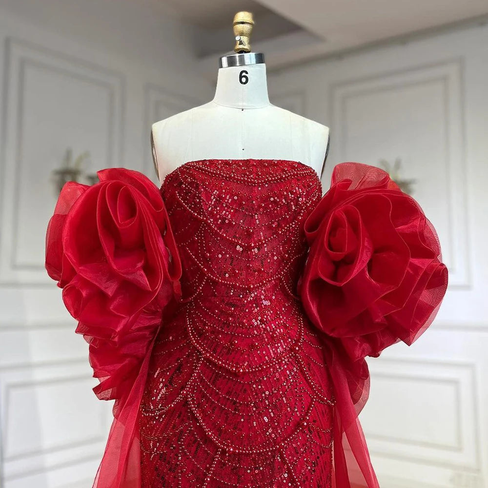 Elegant Red Mermaid Evening Gown with Puff Sleeves & Beaded Overskirt - Women's Formal Party Dress for Prom, Wedding, Gala & Special Occasions