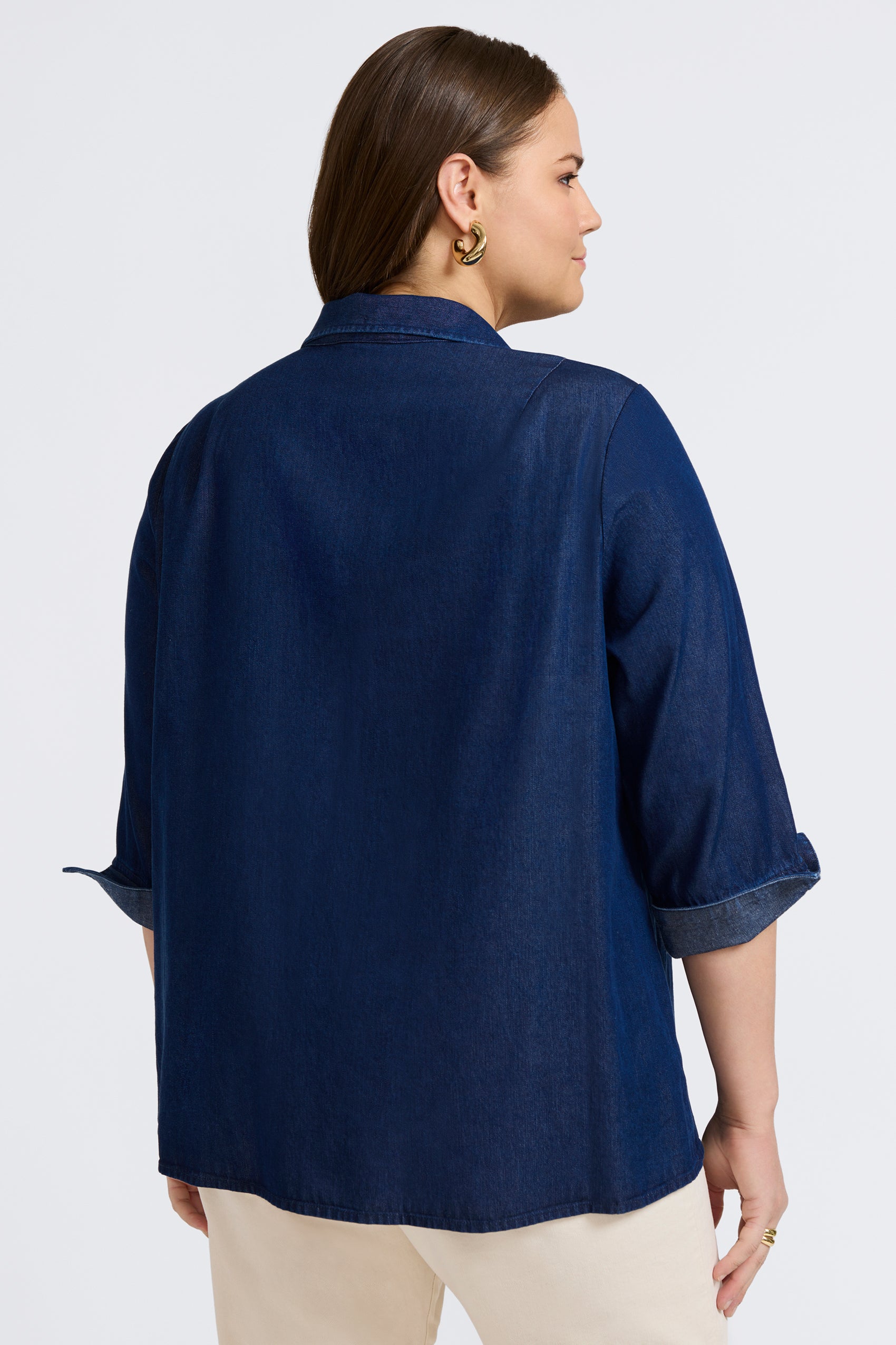 Agnes Plus Women's Tencel® Denim 3/4 Sleeve Popover Shirt - Soft Stretch Eco-Friendly Blouse for Casual Wear & Office Outfits