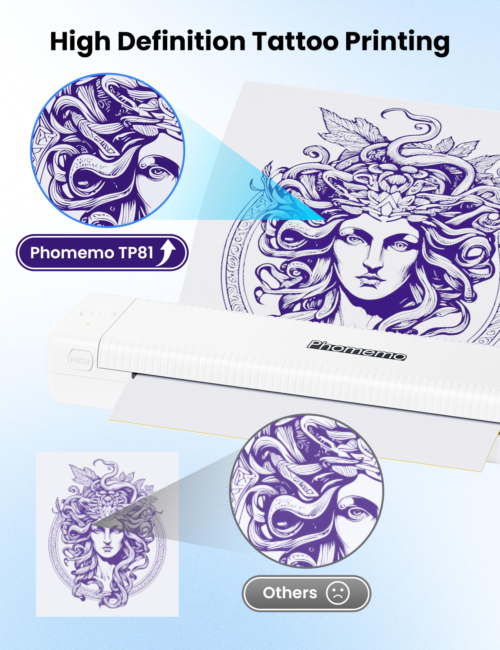 Phomemo TP81 Wireless Tattoo Stencil Printer with 10 Transfer Papers - Portable Tattoo Printing Machine for Artists & Beginners - Works with Smartphone, Tablet & PC - Perfect for Tattoo Studio & Home Use - White