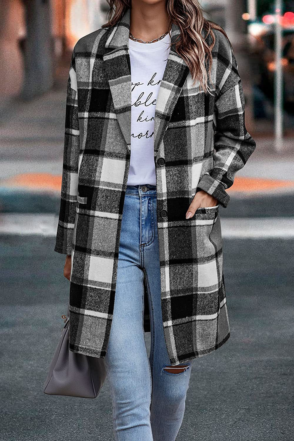 Stylish Women's Plaid Long Wool Coat with Pockets - Warm Turn-Down Collar Jacket for Autumn & Winter | Perfect for Outdoor Activities, Office Wear, and Casual Fashion