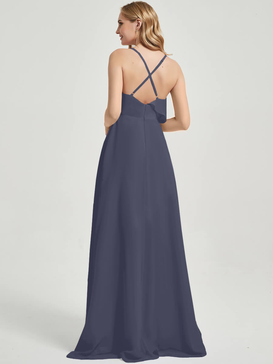 Elegant Criss Cross Straps Ruffles Slit Chiffon Maxi Bridesmaid Dress in Stormy Blue - Perfect for Weddings, Formal Events & Evening Parties