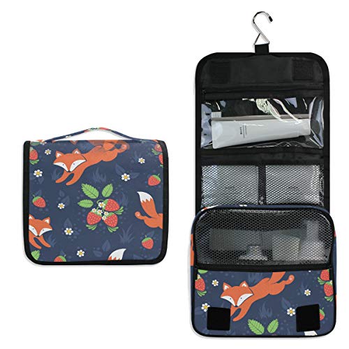 Cartoon Fox Strawberry Makeup Bag - Large Travel Toiletry Organizer with Hook for Bathroom & Vacation