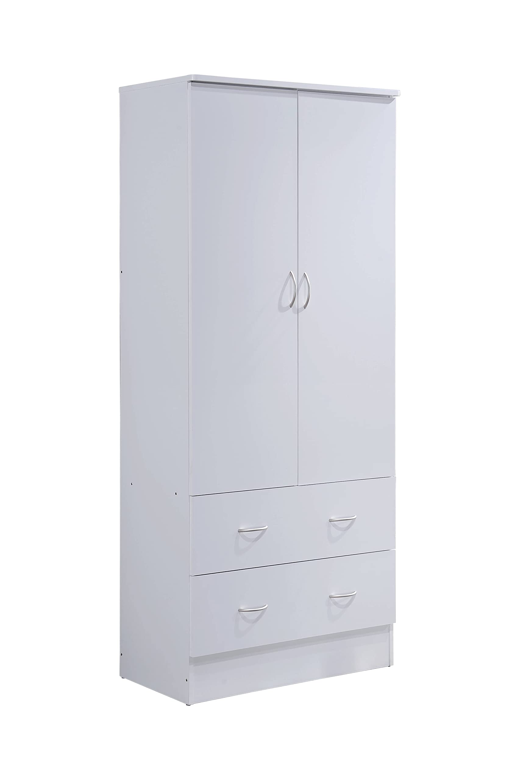 HODEDAH 2 Door Wood Wardrobe Closet with Hanging Rod & 2 Storage Drawers - White | Freestanding Bedroom Cabinet for Clothes Organization & Home Storage