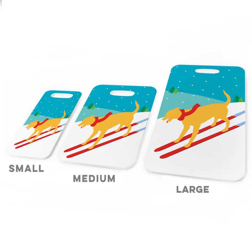 Vintage Skiing Dog Luggage Tag - Customizable Personal Info - Small Yellow Ski-Themed Bag Tag for Travel & Outdoor Adventures
