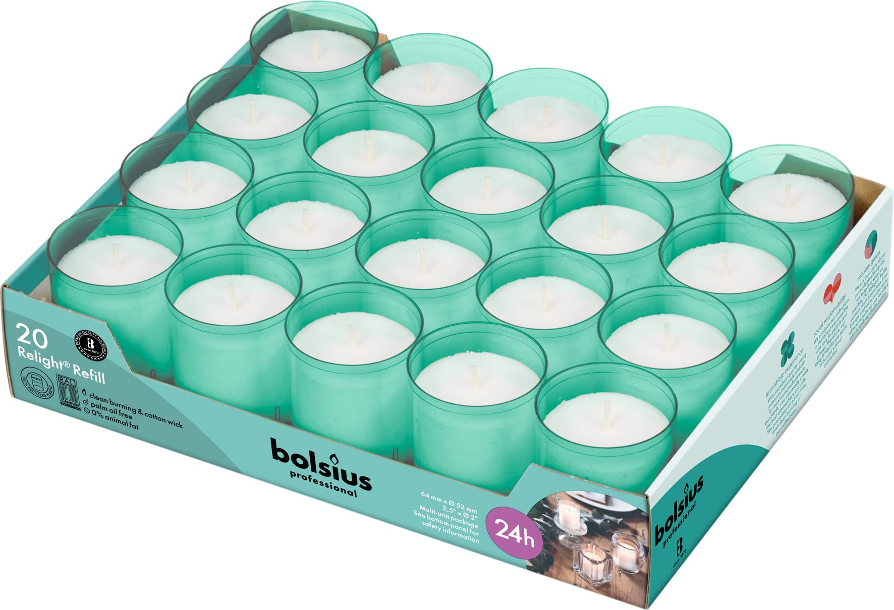 BOLSIUS 24-Hour Unscented Votive Candles - 20 Pack Premium European Quality Wedding Candles in Green Unbreakable Plastic Cups - Smokeless, Smooth Burning & Relightable - Perfect for Weddings, Church Events, Restaurants & Home Decor