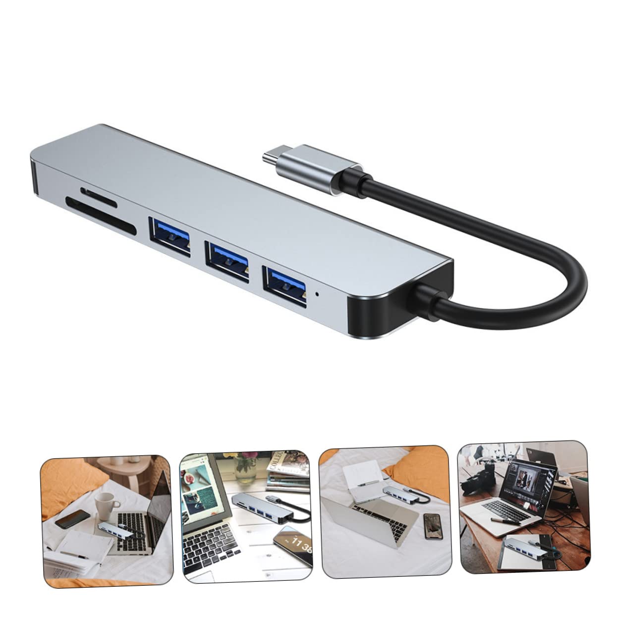 OSALADI 6-in-1 USB C Hub with Card Reader - Aluminum USB 3.0 Splitter for Laptop Charging & Data Transfer