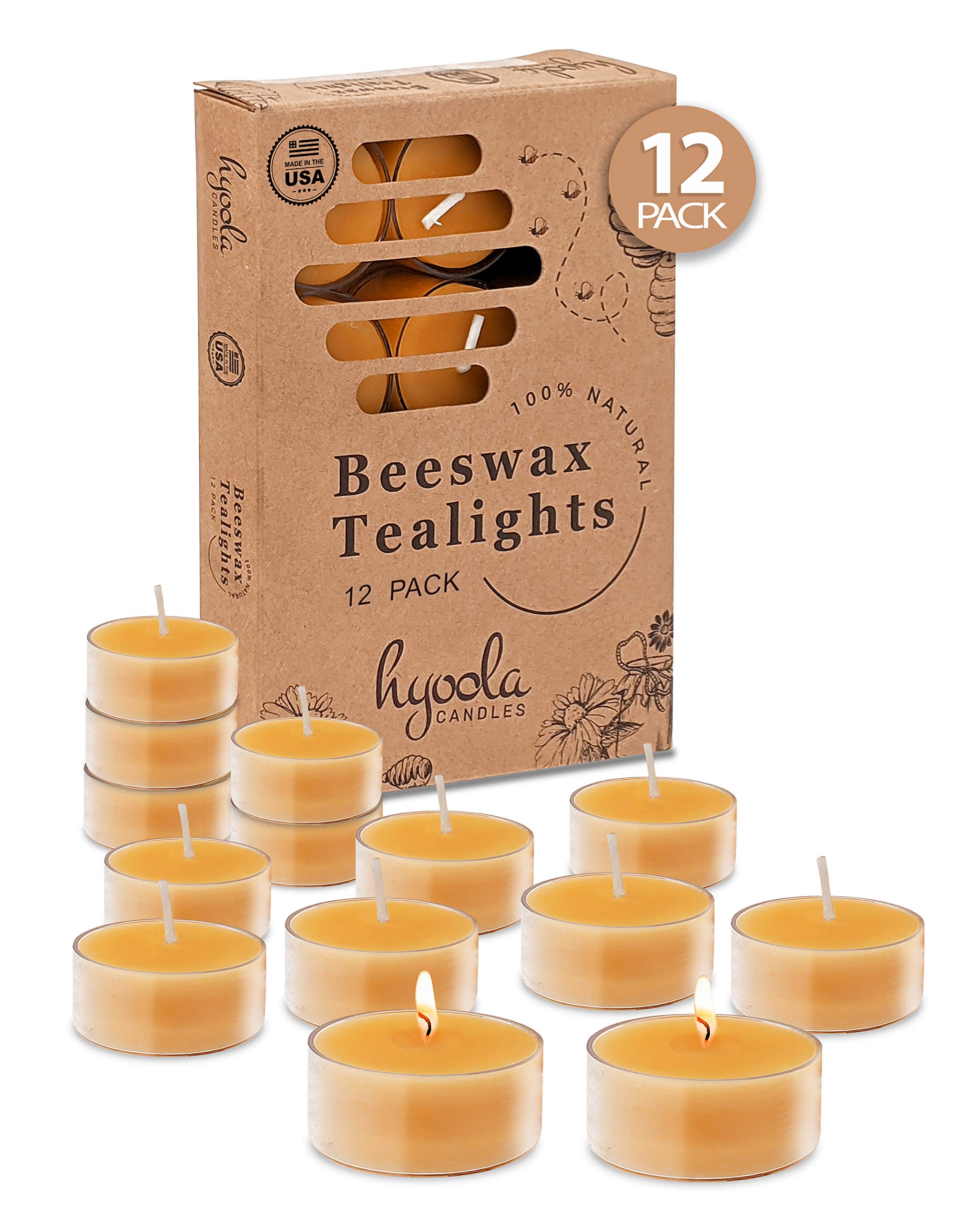 Hyoola Pure Beeswax Tea Light Candles - Handmade Unscented Decorative Candles with 4-Hour Burn Time in Clear Cups (Pack of 12) - Perfect for Weddings, Spa Relaxation & Home Decor