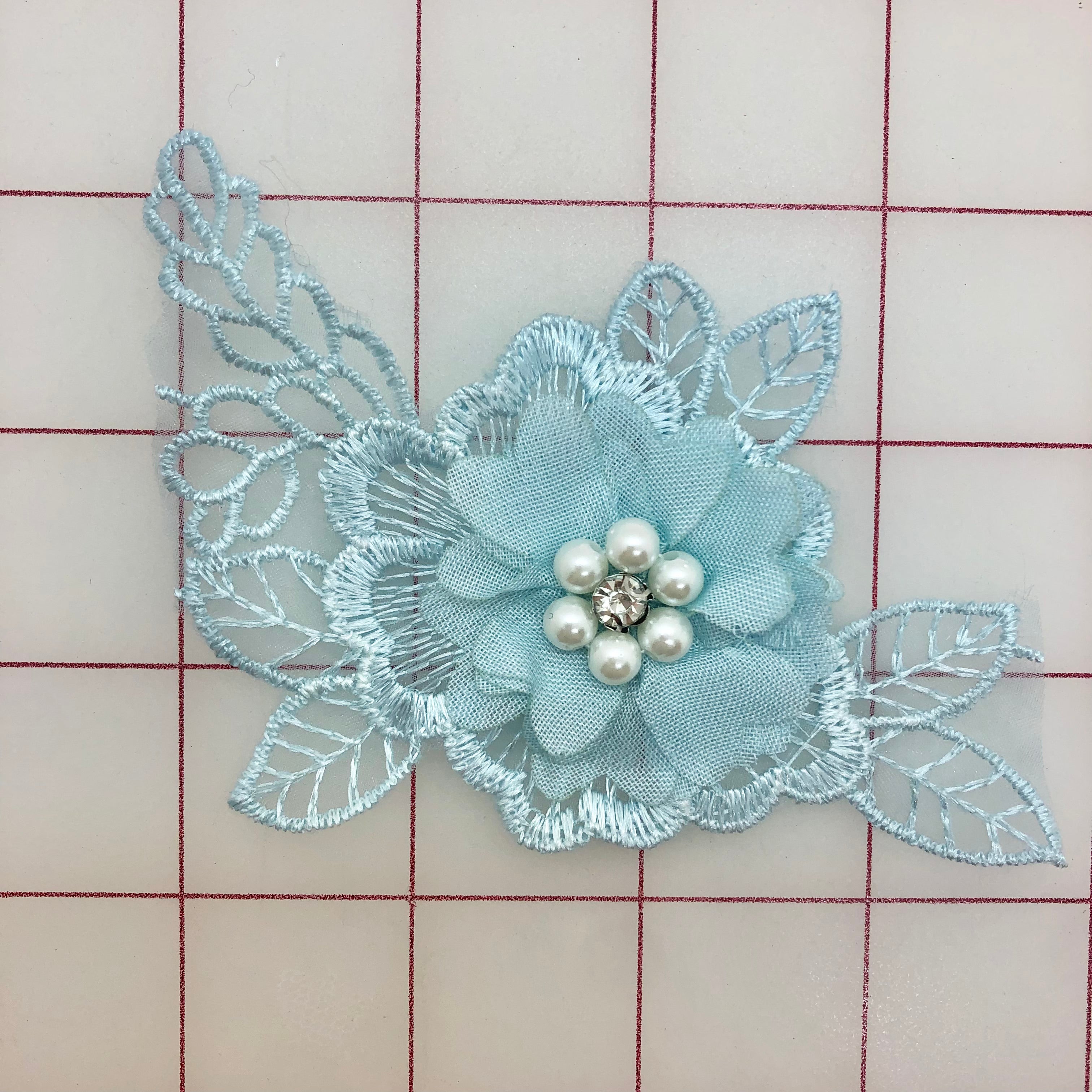 3D Lace Flower Appliques - Light Blue Embroidered Motifs for DIY Crafts, Wedding Decor, and Costume Design