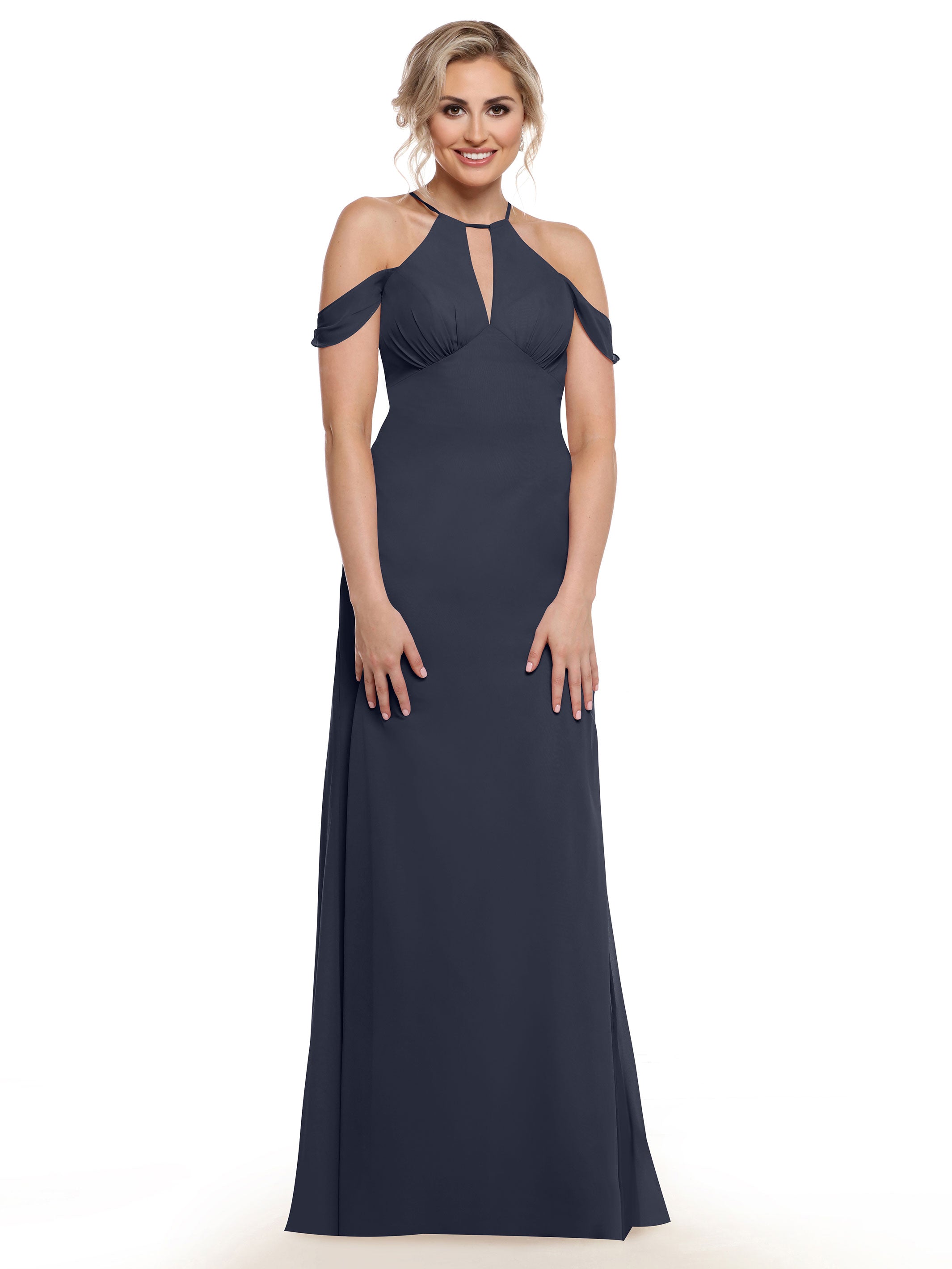 Elegant Off-The-Shoulder Chiffon Bridesmaid Dress with Halter Neckline - Perfect for Weddings, Prom & Formal Events | Style 80148