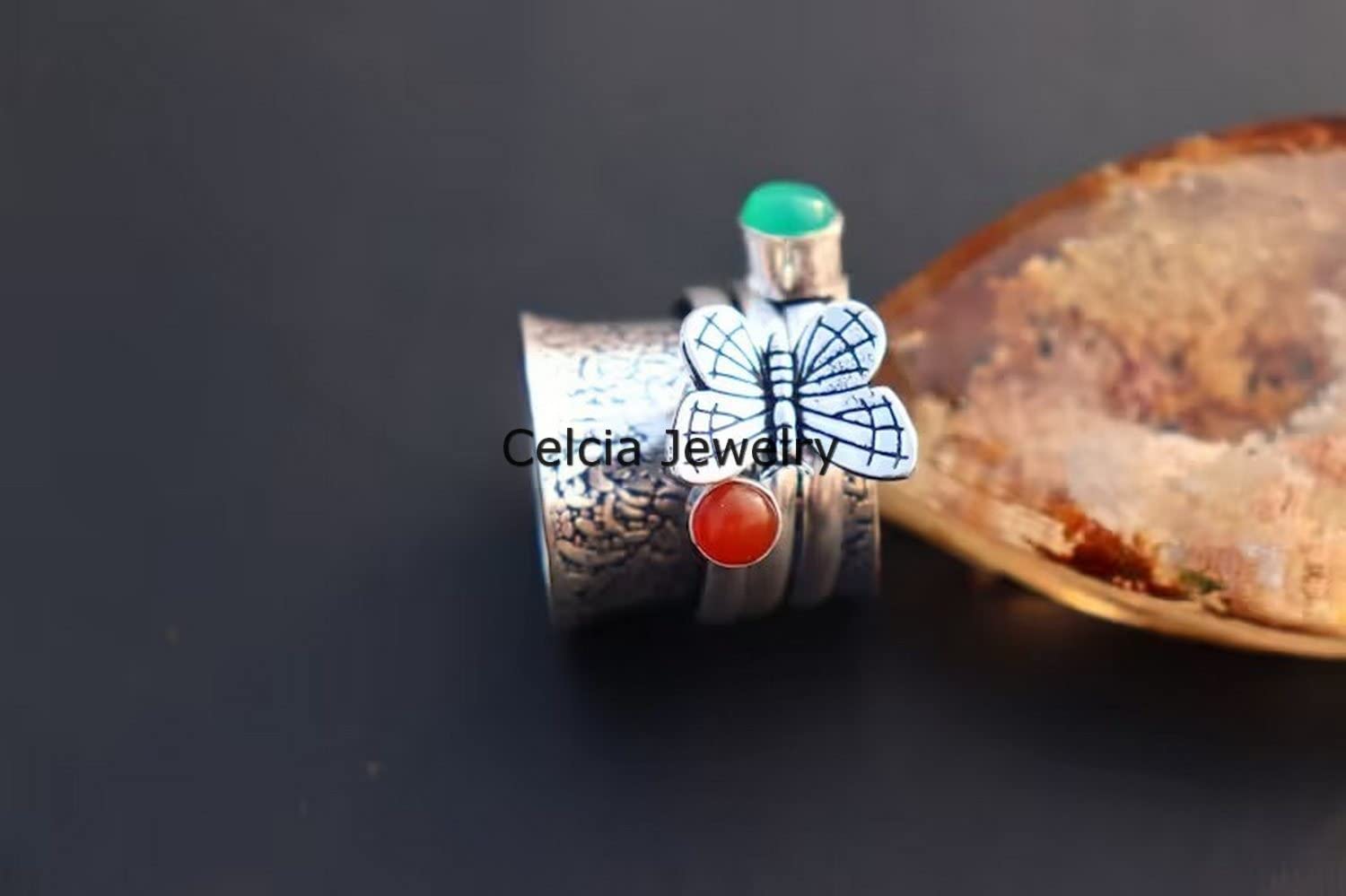 Green Onyx & Red Onyx Multi-Gemstone Butterfly Spinner Ring - 925 Sterling Silver Meditation & Anxiety Relief Fidget Ring - Size 7 - Perfect for Stress Relief, Mindfulness Practice & Fashion Jewelry