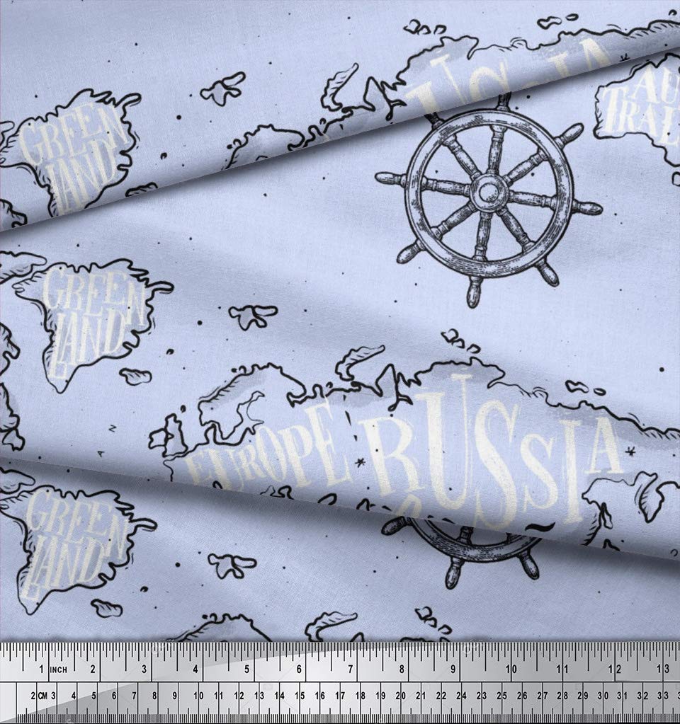Soimoi 100% Cotton Voile Fabric - Blue Nautical Lighthouse & Compass Map Print - 42 Inch Wide - Sold by The Yard - Perfect for Dresses, Curtains, Quilting & DIY Craft Projects