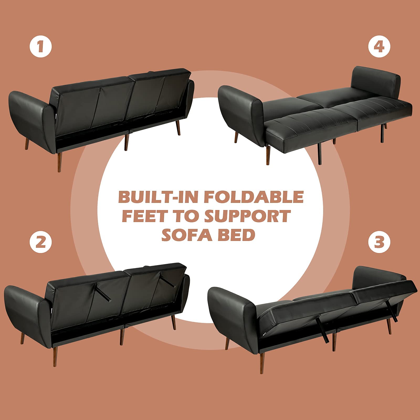 Giantex 3-Seater Convertible Futon Sofa Bed with High-Density Sponge, Adjustable Backrest & Rubber Wood Legs - Foldable Sleeper Couch with Armrests for Living Room, Bedroom, Office, Lounge & Small Spaces (Black) | Perfect for Guest Sleeping, Movie Nights & Compact Apartments
