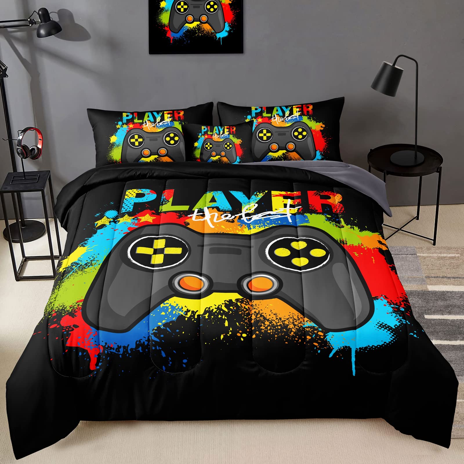 BDUCOK 6-Piece Gamer Comforter Set - Queen Size Video Game Controller Bedding for Kids & Adults - 3D Gamepad Design Microfiber Bed in a Bag - Perfect for Gaming Rooms & Teen Bedrooms (Queen)