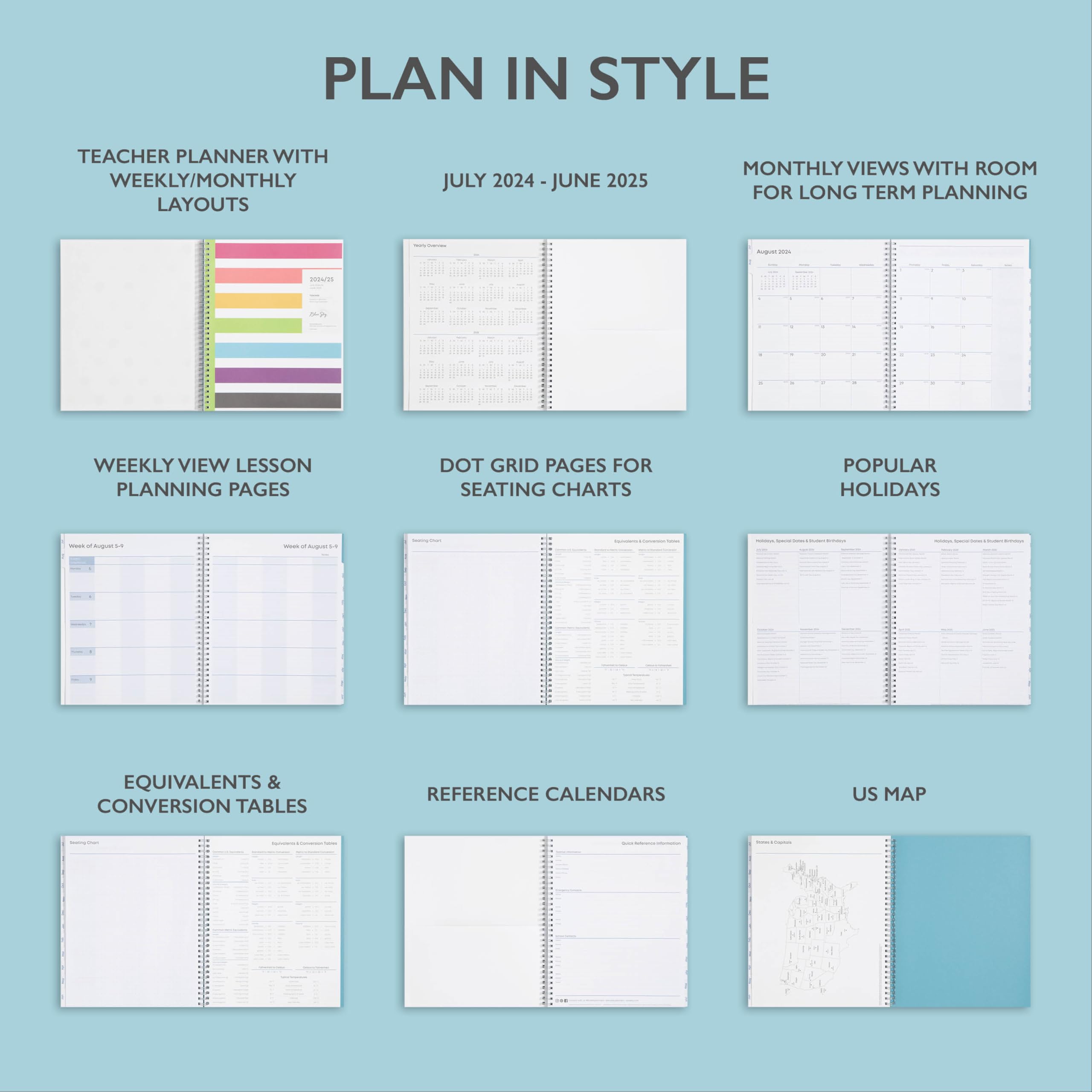 Blue Sky 2024-2025 Teacher Planner - Weekly & Monthly Lesson Organizer, July 2024 to June 2025 Academic Calendar, 8.5