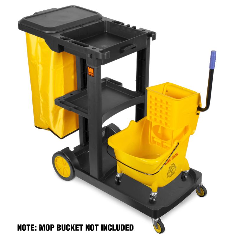 WEN 73033 Commercial Janitorial Cart with 3 Heavy-Duty Shelves & 25 Gallon Vinyl Trash Bag - Ideal for Office Cleaning, Hotel Housekeeping & School Maintenance