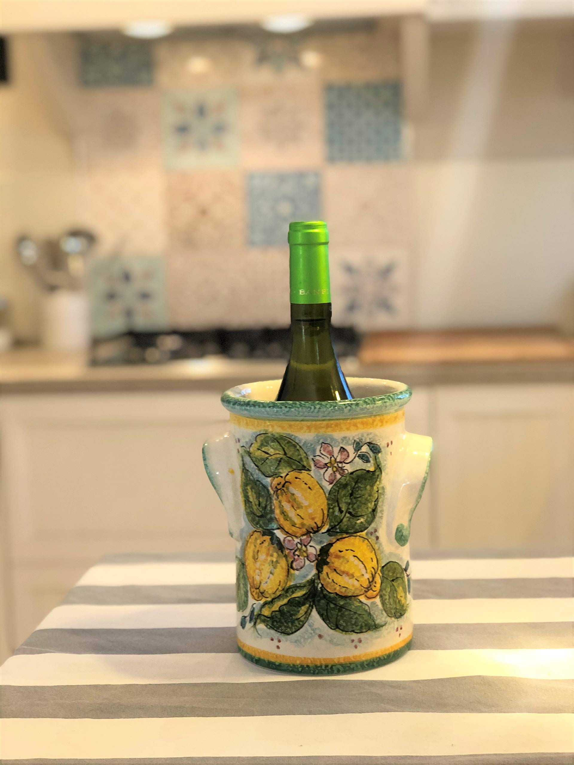 Hand Painted Italian Ceramic Utensil Holder & Wine Bottle - Tuscan Art Pottery with Lemon Decor - Made in Italy | Perfect for Kitchen Organization & Rustic Home Decor