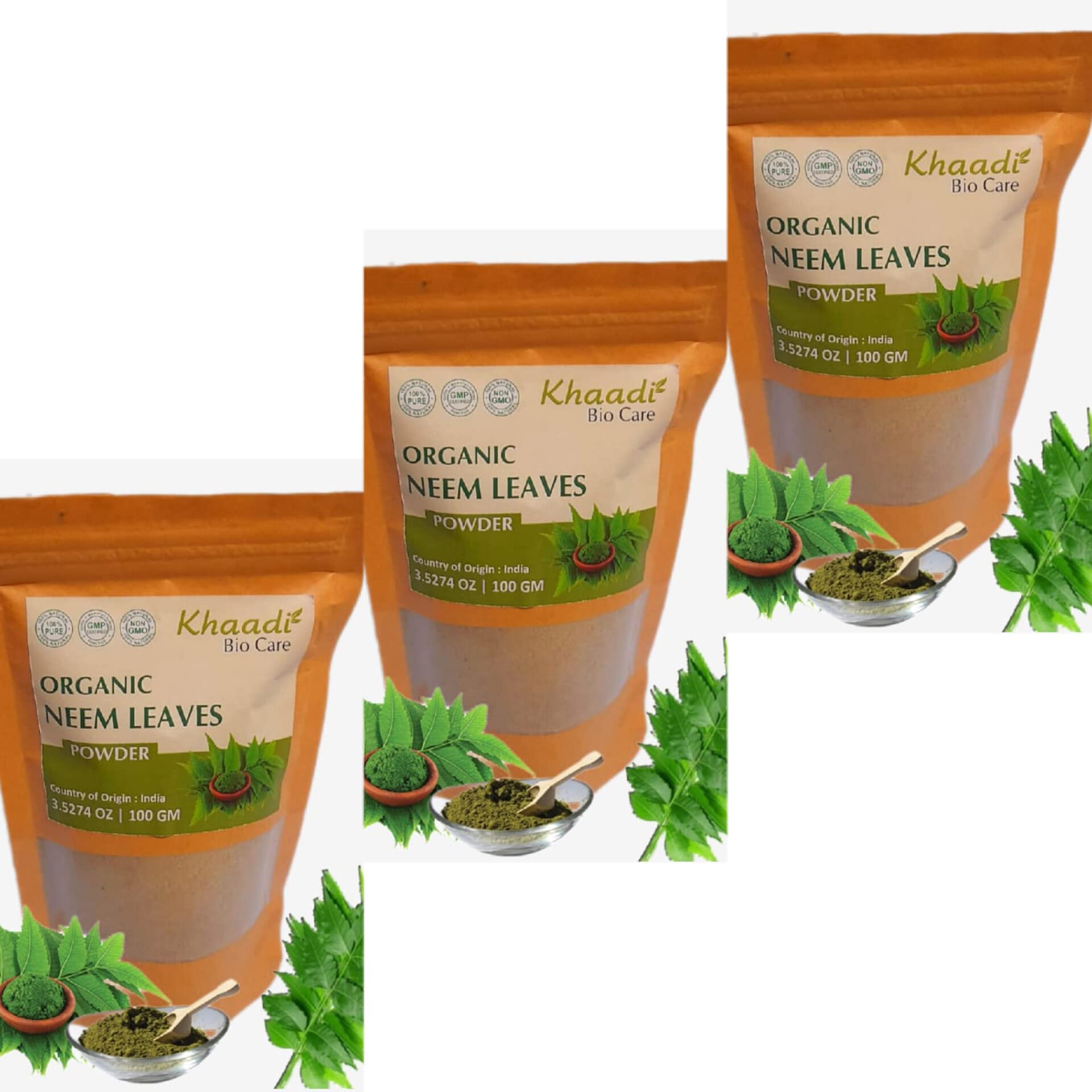 Organic Neem Leaves Powder (Azadirachta Indica) 100g - Natural Skin & Hair Care Treatment - Resealable Bag (Pack of 3) - For Acne, Dandruff & Healthy Scalp - DIY Face Masks & Hair Packs