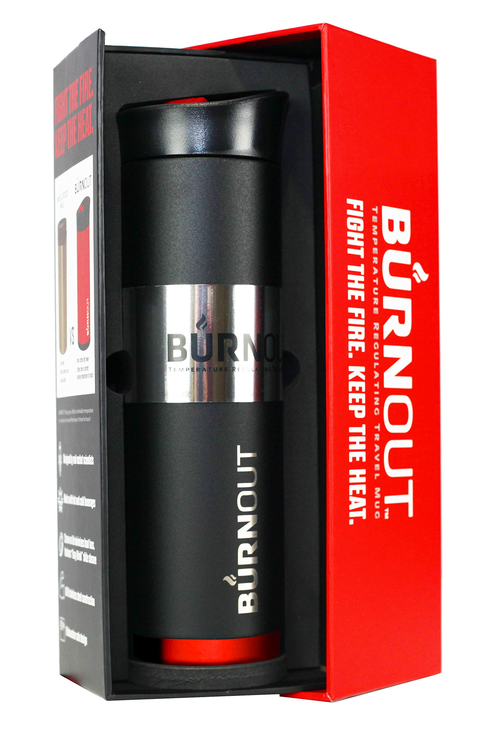 BURNOUT 16 oz Temperature Regulating Travel Mug with HeatZorb Technology - Black Insulated Coffee Cup for Hot & Cold Drinks | Perfect for Commuting, Office Use & Outdoor Activities