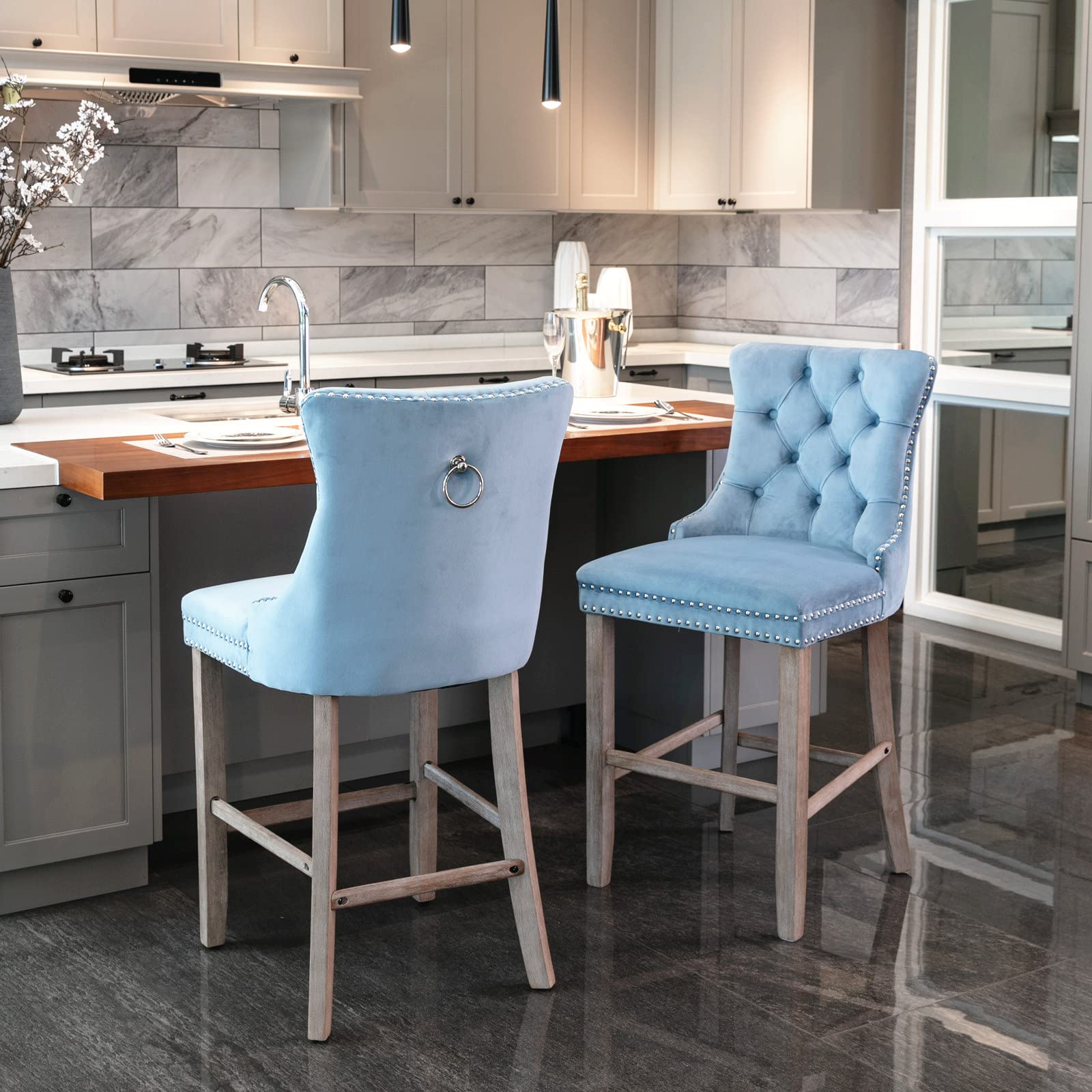 LZ LEISURE ZONE 2-Piece Velvet Upholstered Counter Height Bar Stools Set - Button Tufted Decor, Chrome Nailhead Trim & Back Ring, 27.2