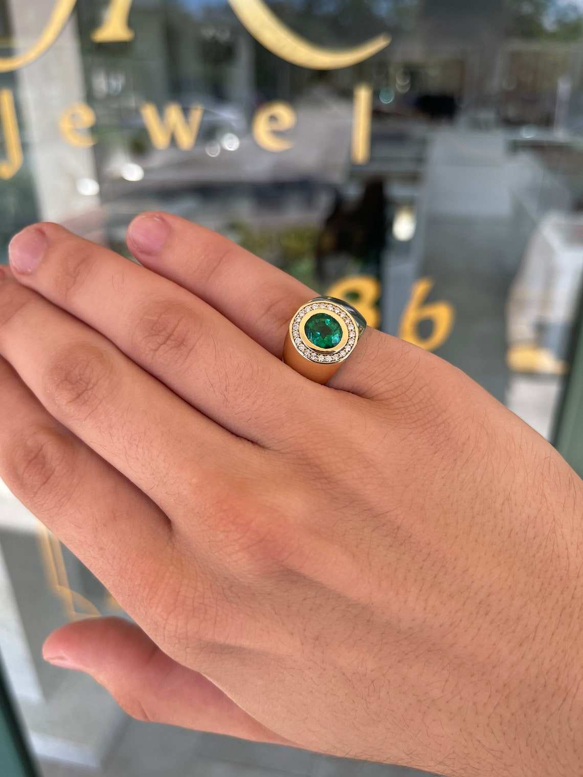 1.95tcw Natural Emerald & Diamond Halo Men's Ring in 14K Gold - Elegant Wedding Band, Anniversary Gift for Him, Perfect for Special Occasions