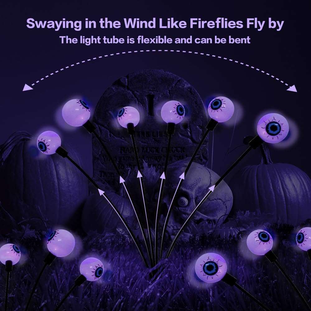 2 Pack Scary Eyeballs Solar Garden Lights - Halloween Outdoor Decor with 12 LED Purple Swaying Firefly, Waterproof Lawn & Patio Party Decorations - Perfect for Spooky Yard, Garden & Halloween Party Decor