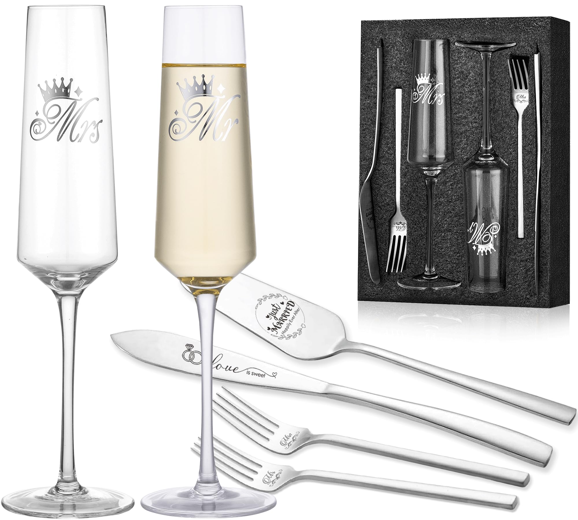 Elegant Wedding Cake Knife & Server Set with Mr & Mrs Champagne Flutes - Premium Cake Cutting Set with Forks for Weddings, Anniversaries & Engagements - Perfect Bridal Shower Gift for Couples (Romantic Ceremony & Reception Use)