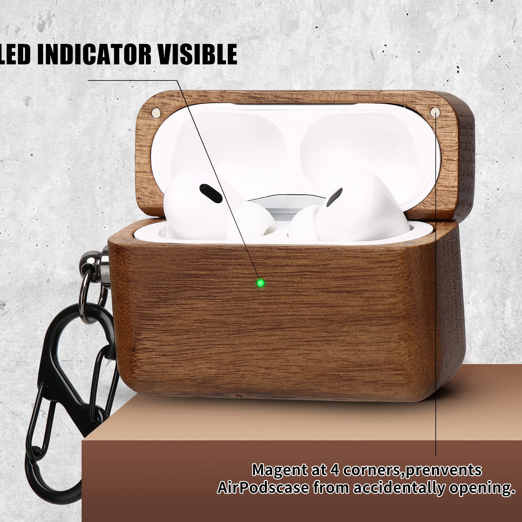 Wood AirPods Case for AirPods Pro - Walnut Protective Cover with Carabiner for Outdoor Use