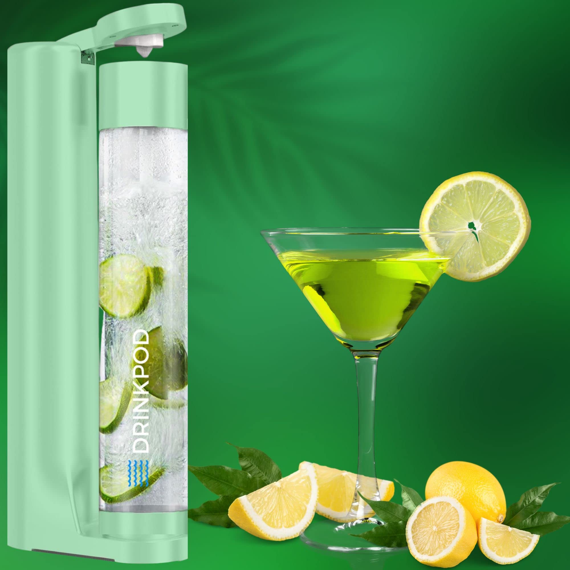 Fizzpod Home Soda Maker Machine - Make Sparkling Water, Carbonated Juice, Coffee, Tea & Cocktails | Includes 3 BPA-Free 32oz Bottles, 3 Caps & Carbonator Cap | Perfect for Kitchen, Parties & Healthy Hydration