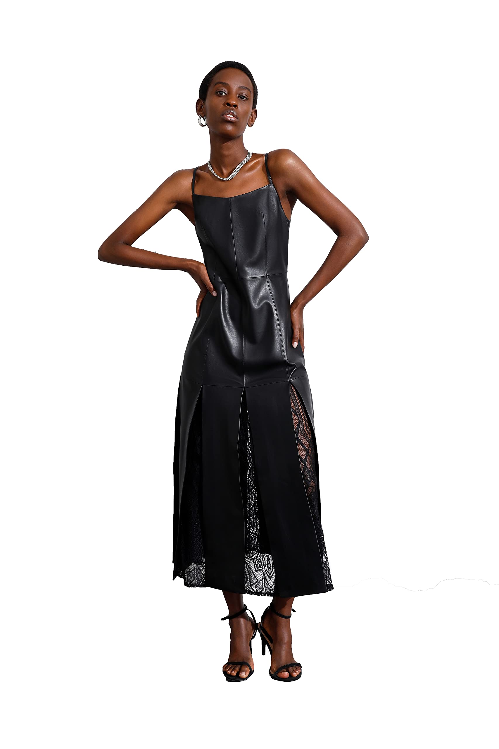 SmartUniverseWear Women's Genuine Leather Dress - Spaghetti Straps, Halter Neck, Lace Cowl, Bodycon Fit - Perfect for Evening Parties, Date Nights & Special Occasions