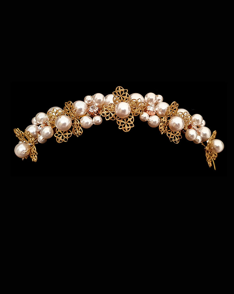 Elegant Bridal Headpiece - Pearl Antique Band with Pearl Drape | Kezani Paros Collection | Perfect for Weddings, Prom & Special Occasions