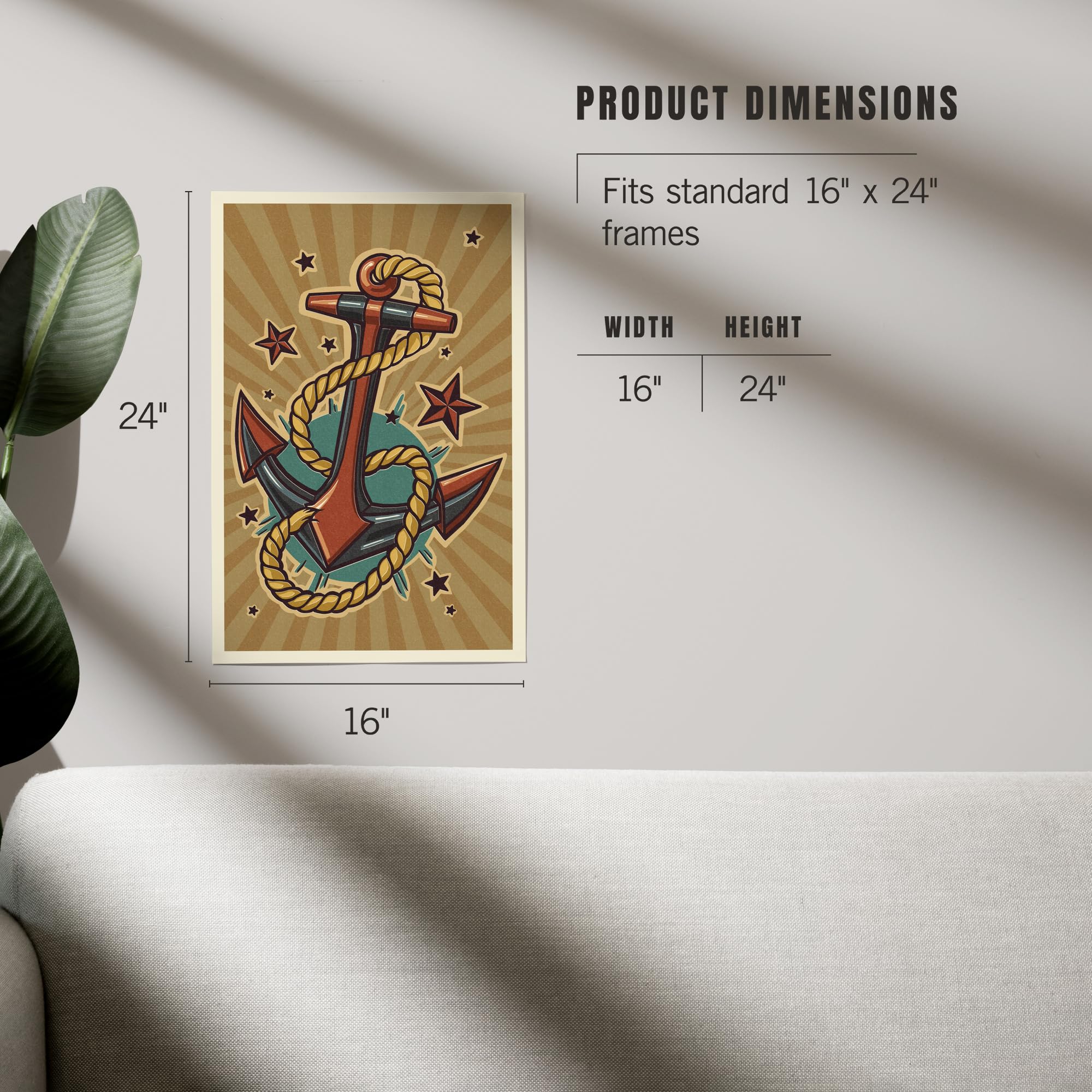Lantern Press 16x24 Inch Giclee Art Print - Nautical Anchor Letterpress Wall Art Decor for Living Room, Bedroom & Office