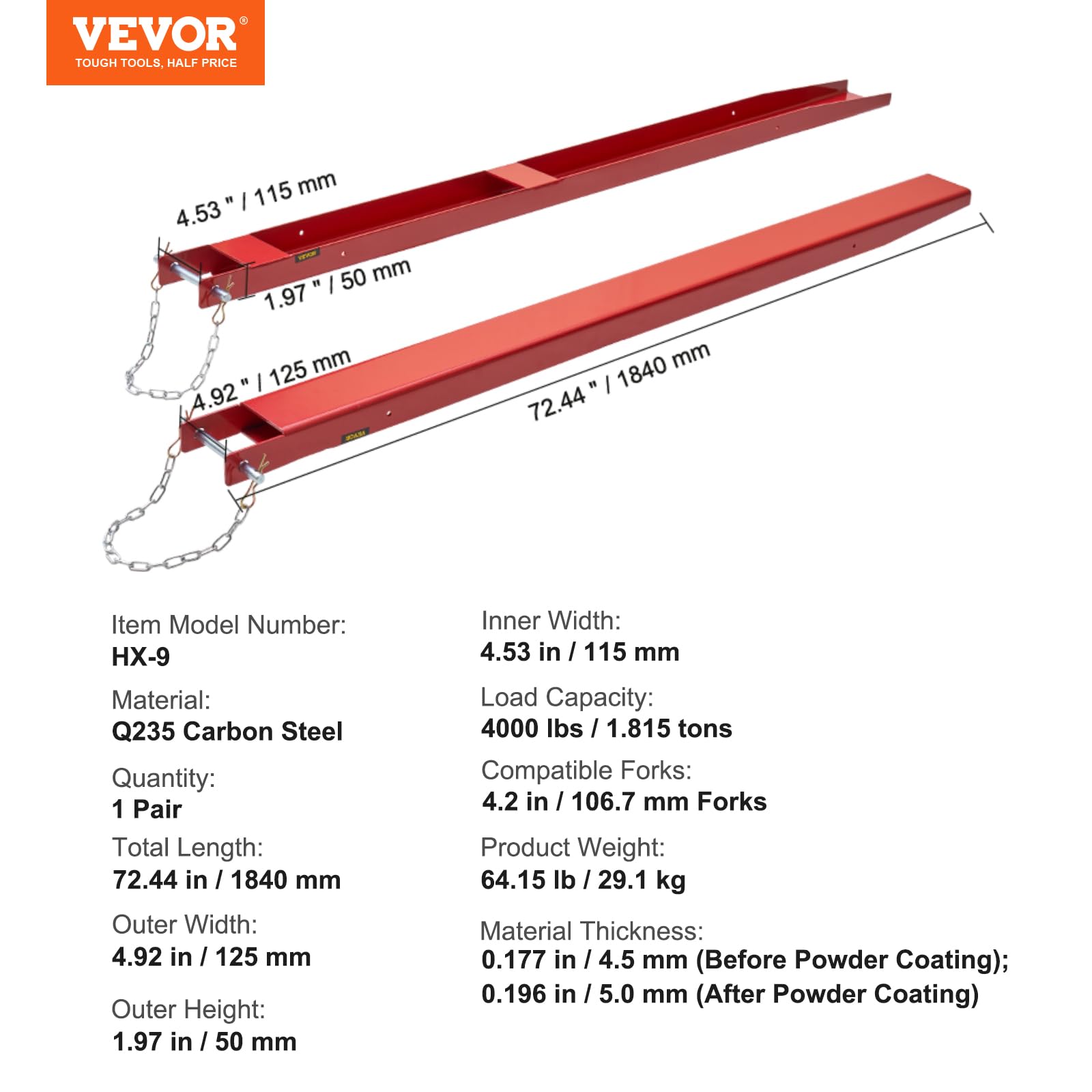 VEVOR 72 Inch Heavy Duty Forklift Extensions - 4.5 Inch Width Fork Extender with Pins for Forklift Trucks | Ideal for Warehouse, Construction & Industrial Material Handling