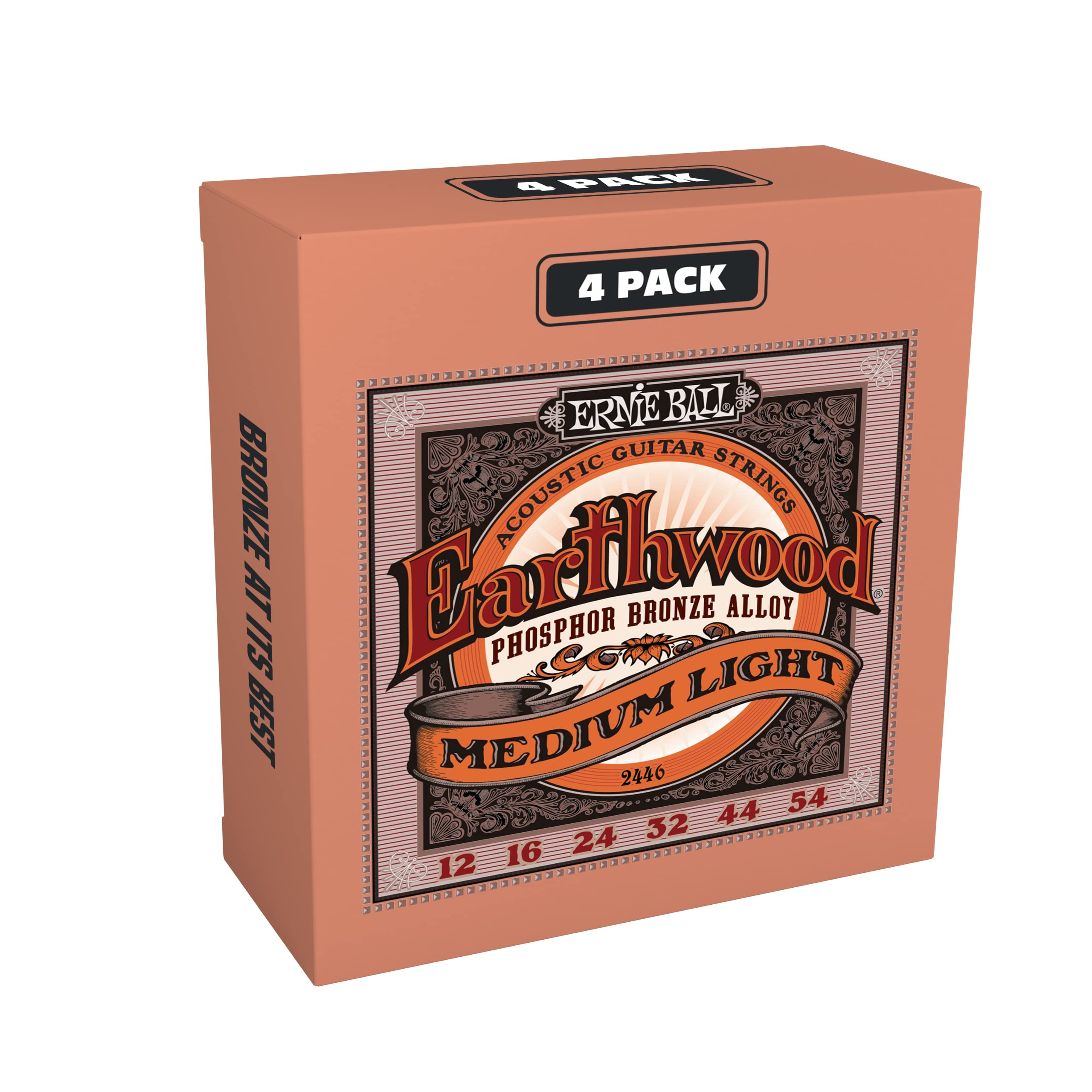 Ernie Ball Earthwood Medium Light Phosphor Bronze Acoustic Guitar Strings 4 Pack - 12-54 Gauge (P02446) | Premium Sound for Folk, Country & Fingerstyle Playing