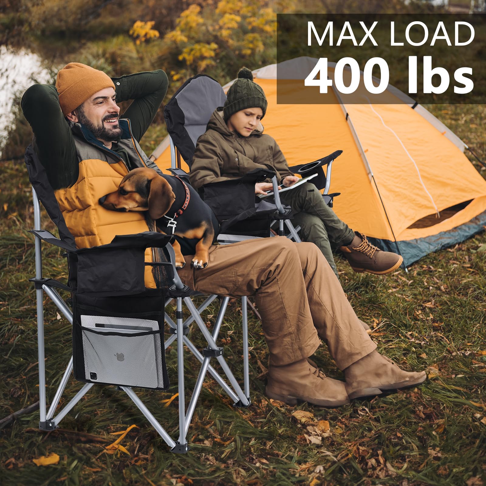 Heavy Duty Folding Camping Chairs with Lumbar Support & Cooler Pouch - High Back Portable Lawn Chairs for Outdoor, Beach, Picnic, Backyard, Fishing - Supports Up to 400LBS
