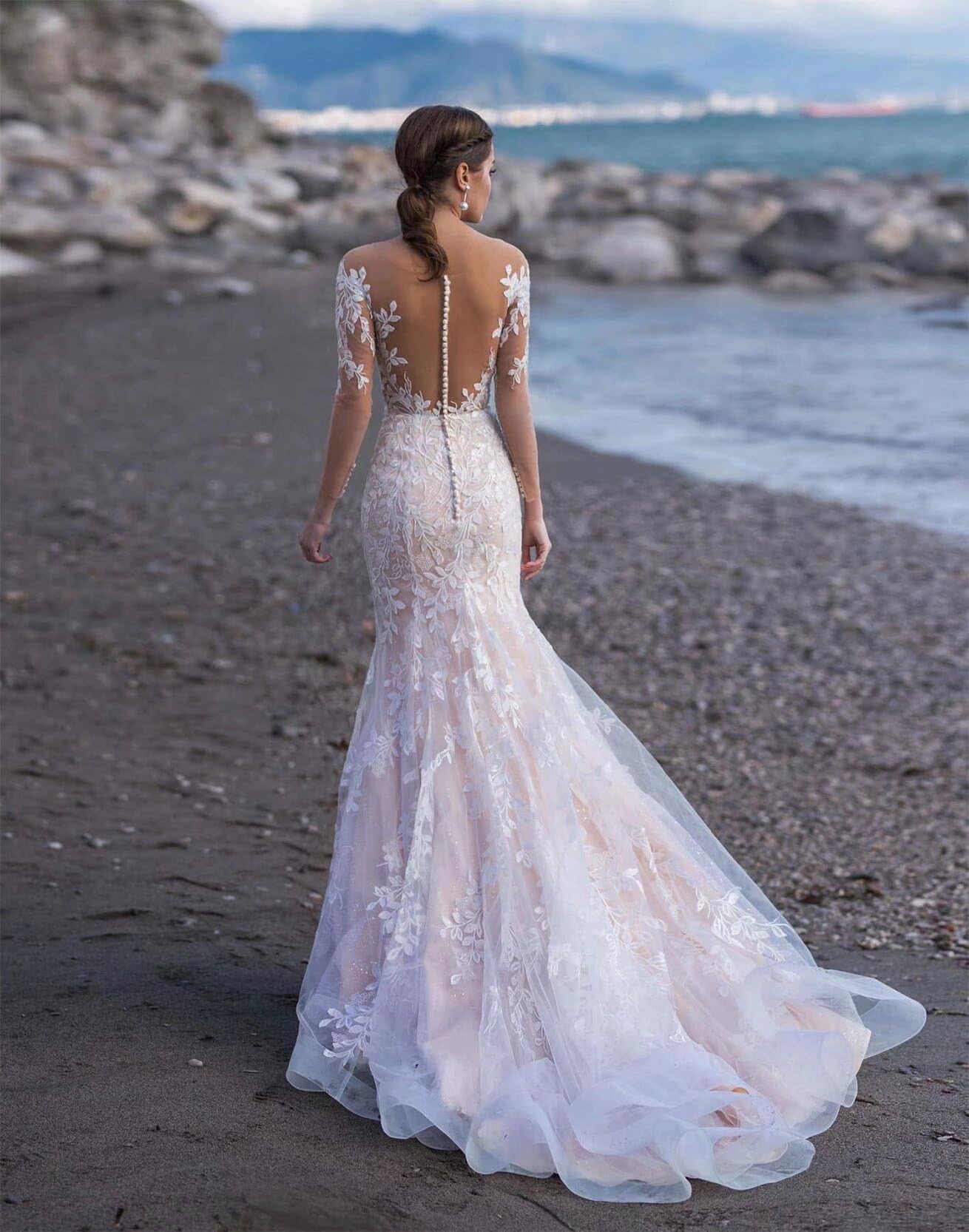 **Dexinyuan Women's Off Shoulder Lace Mermaid Wedding Dress with Sleeves & Train - Sexy Backless Bridal Gown for 2024 White Size 14 | Perfect for Beach, Church, and Formal Weddings**