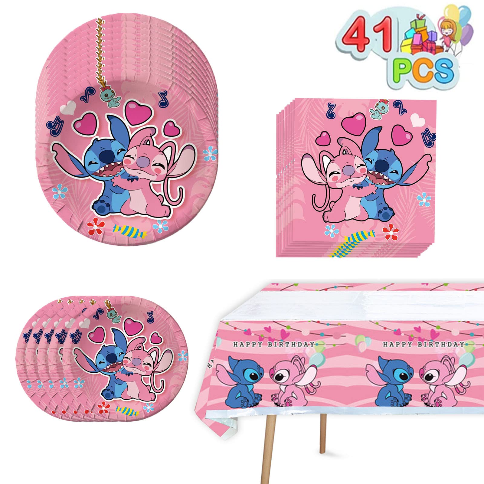 Pink Birthday Party Supplies Set of 41 Pieces - 1 Tablecloth, 20 Napkins, 20 Plates - Perfect for Kids Birthday Decorations & Themed Parties