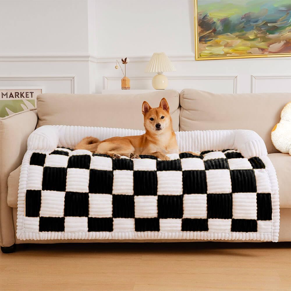 **Funny Pet Couch Cover for Dogs & Cats - Soft Fuzzy Sofa Protector, Cream Plaid Cozy Dog Mat (47.24