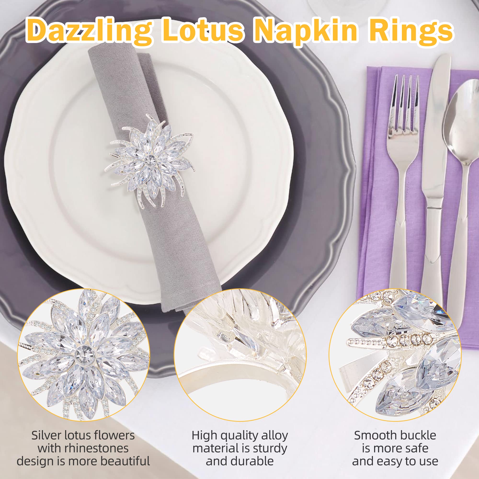 ZeeDix 12-Pack Silver Lotus Flower Napkin Rings with Rhinestones - Elegant Tableware for Wedding, Birthday, Christmas Party Decorations - Perfect for Holiday Dining, Home Kitchen & Formal Dinner Table Settings