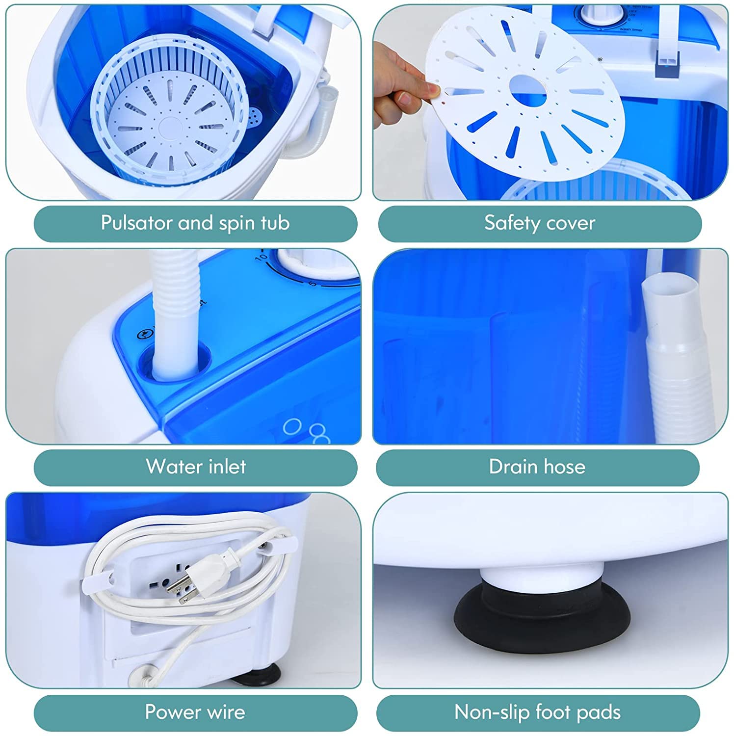 Portable Mini Washing Machine 1.6 Cu.ft Compact Washer - Blue | Perfect for Apartments, Dorms, RVs & Small Spaces | Energy Efficient & Quiet Operation