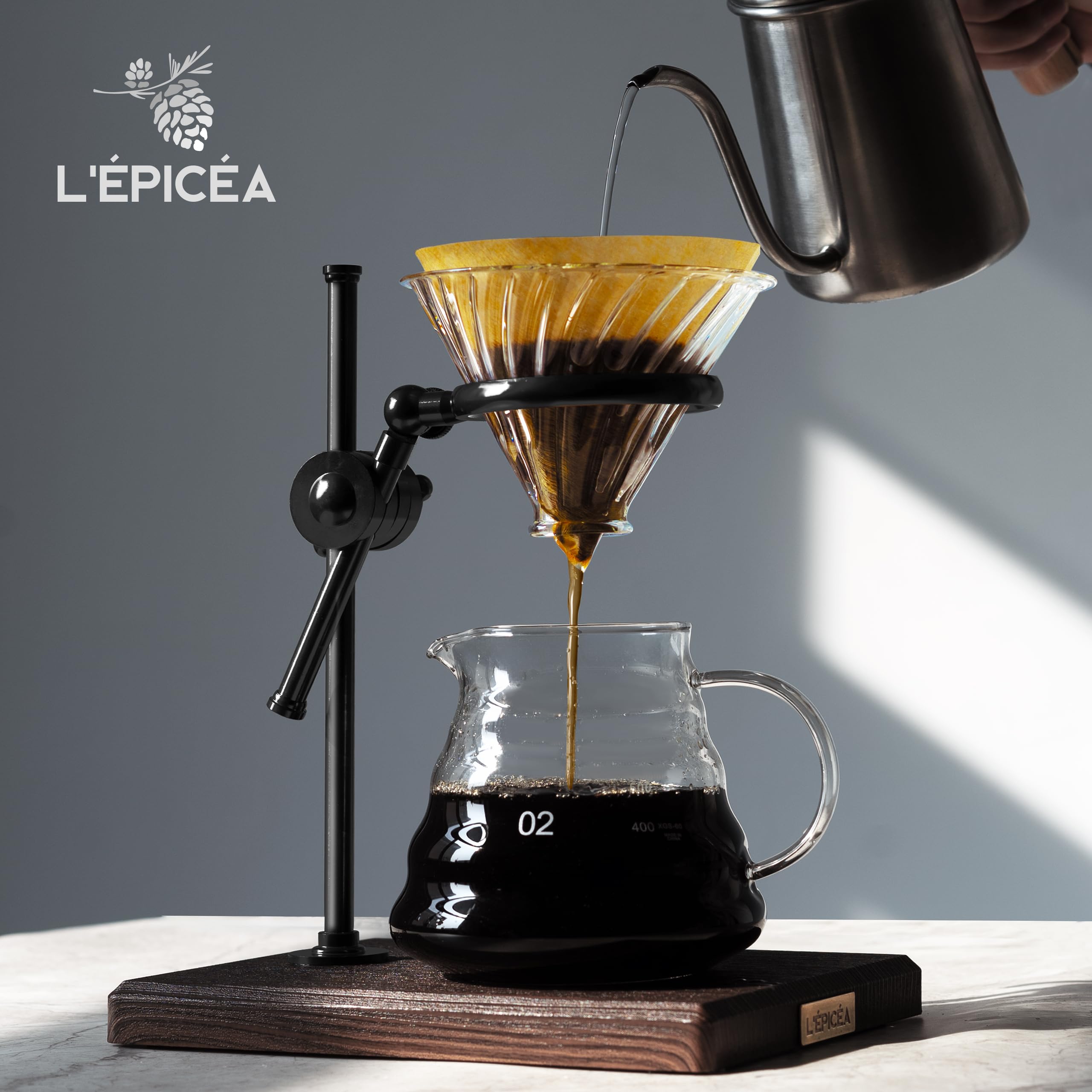 Premium Pour Over Coffee Maker Set - Stainless Steel Adjustable Stand with Wooden Base, Glass Carafe & Paper Filters - Ideal for Home Brewing, Office Use & Specialty Coffee Lovers (Black)