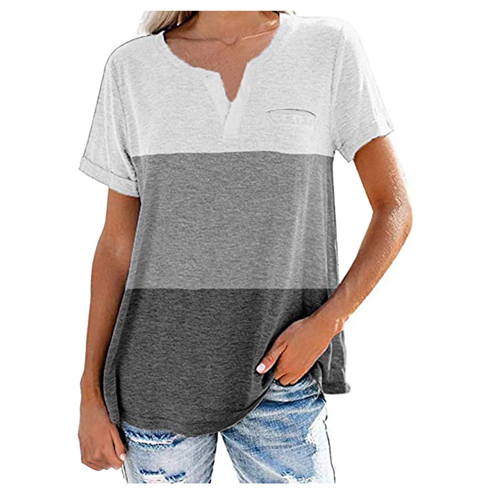 Women's Casual Short Sleeve V-Neck T-Shirt | Color Block Tunic Top | Spring & Summer Blouses | Cute Basic Tops for Everyday Wear | Perfect for Work, Weekend Outings & Casual Dates