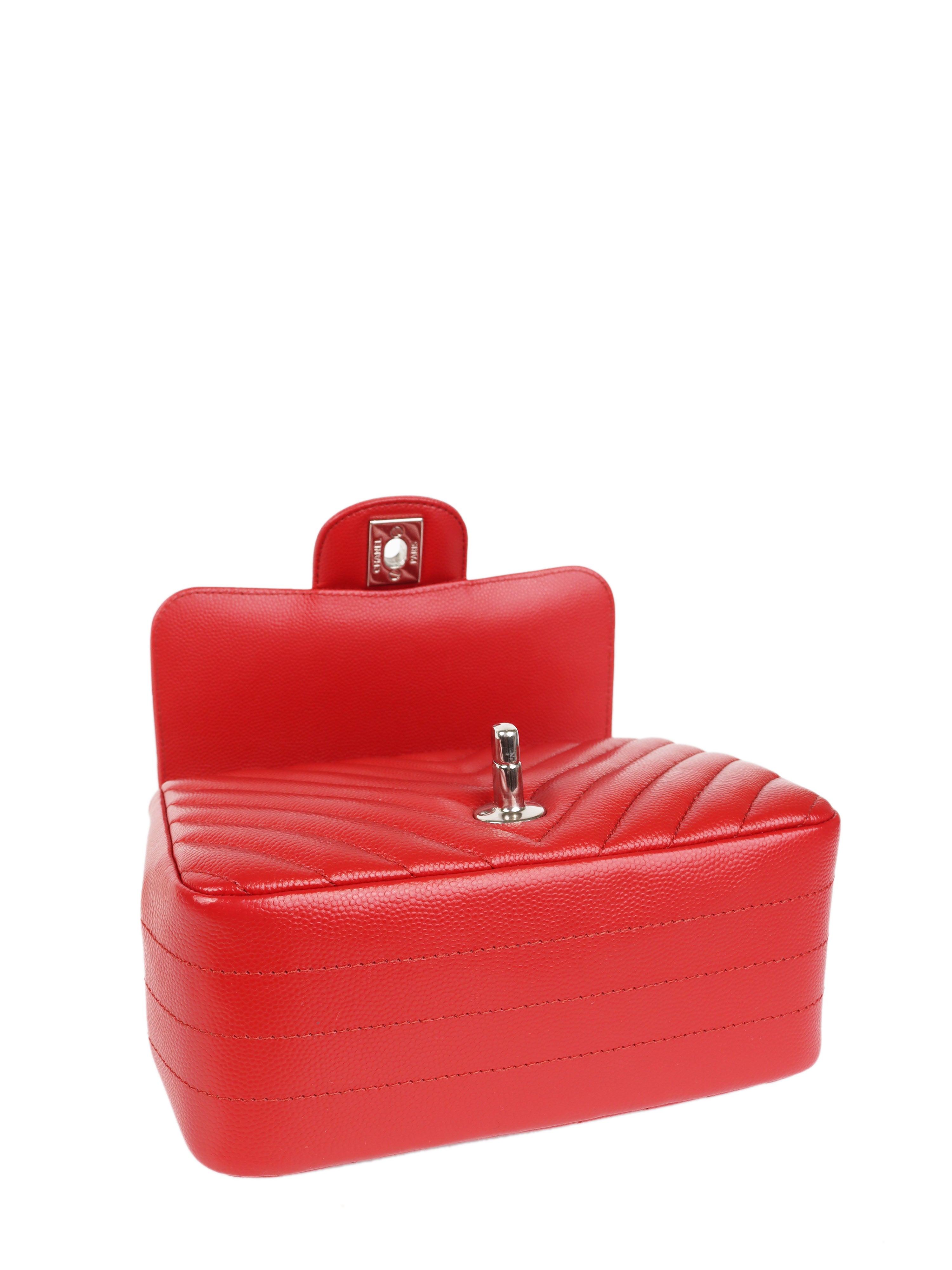 Chanel Red Caviar Chevron Mini Square Classic Flap Bag with Silver Hardware - Luxury Crossbody Purse for Women, Perfect for Evening Parties & Special Occasions