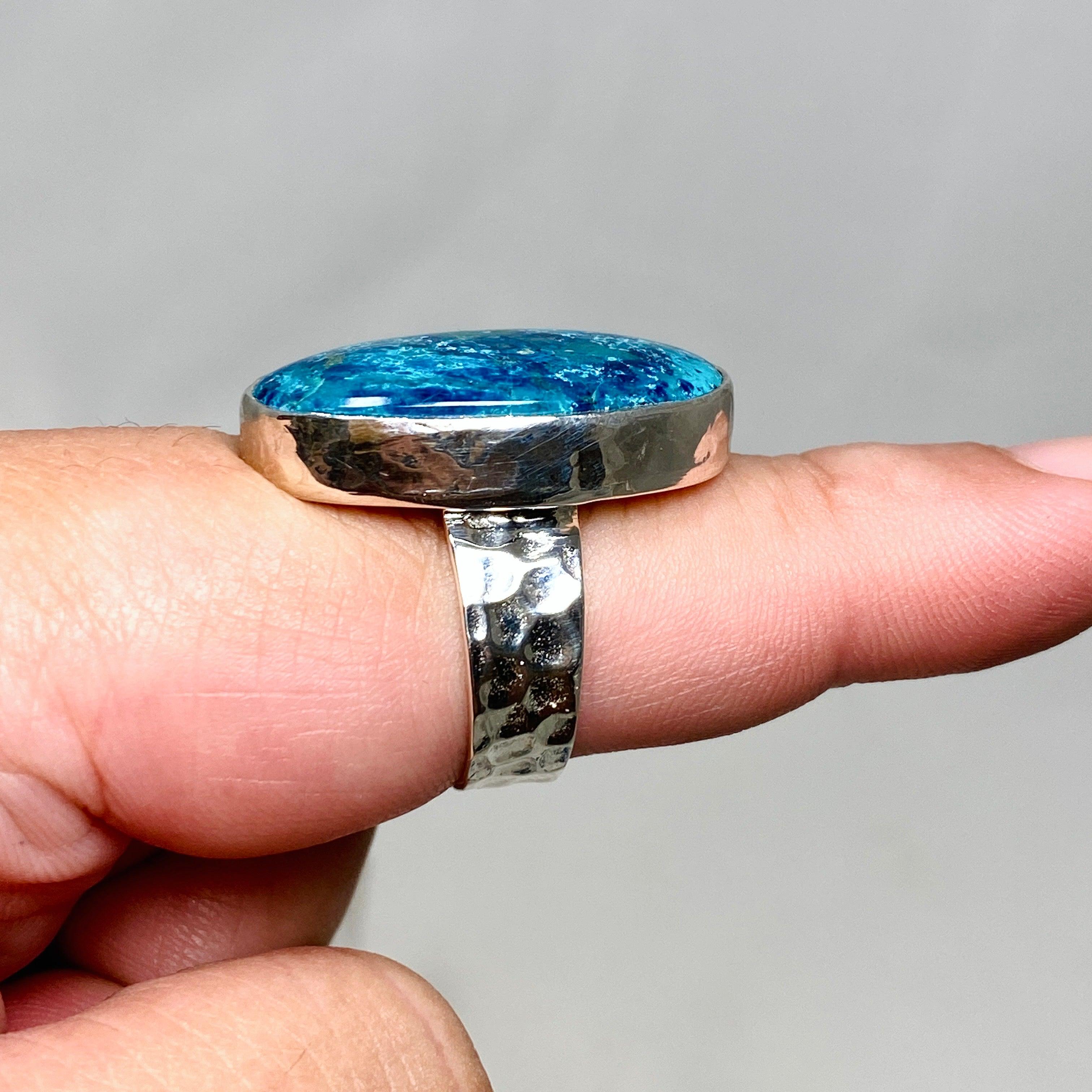 Shattuckite Oval Ring with Hammered Band - Size 8.5 KRGJ3229 | Handmade Bohemian Jewelry for Women, Spiritual Healing Crystal Gift for Meditation & Energy Work