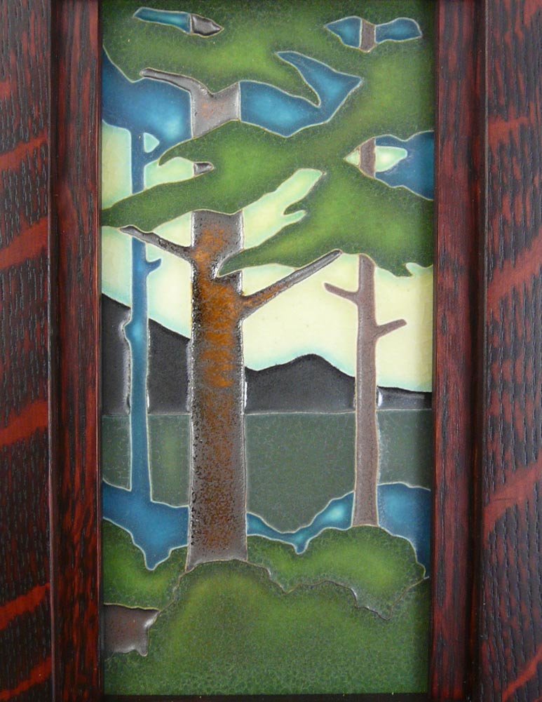 Handcrafted American Oak Tall Craftsman Style Mantel Clock with Pine Forest Tile, 15 Inch, Perfect for Rustic Home Decor and Cozy Living Rooms